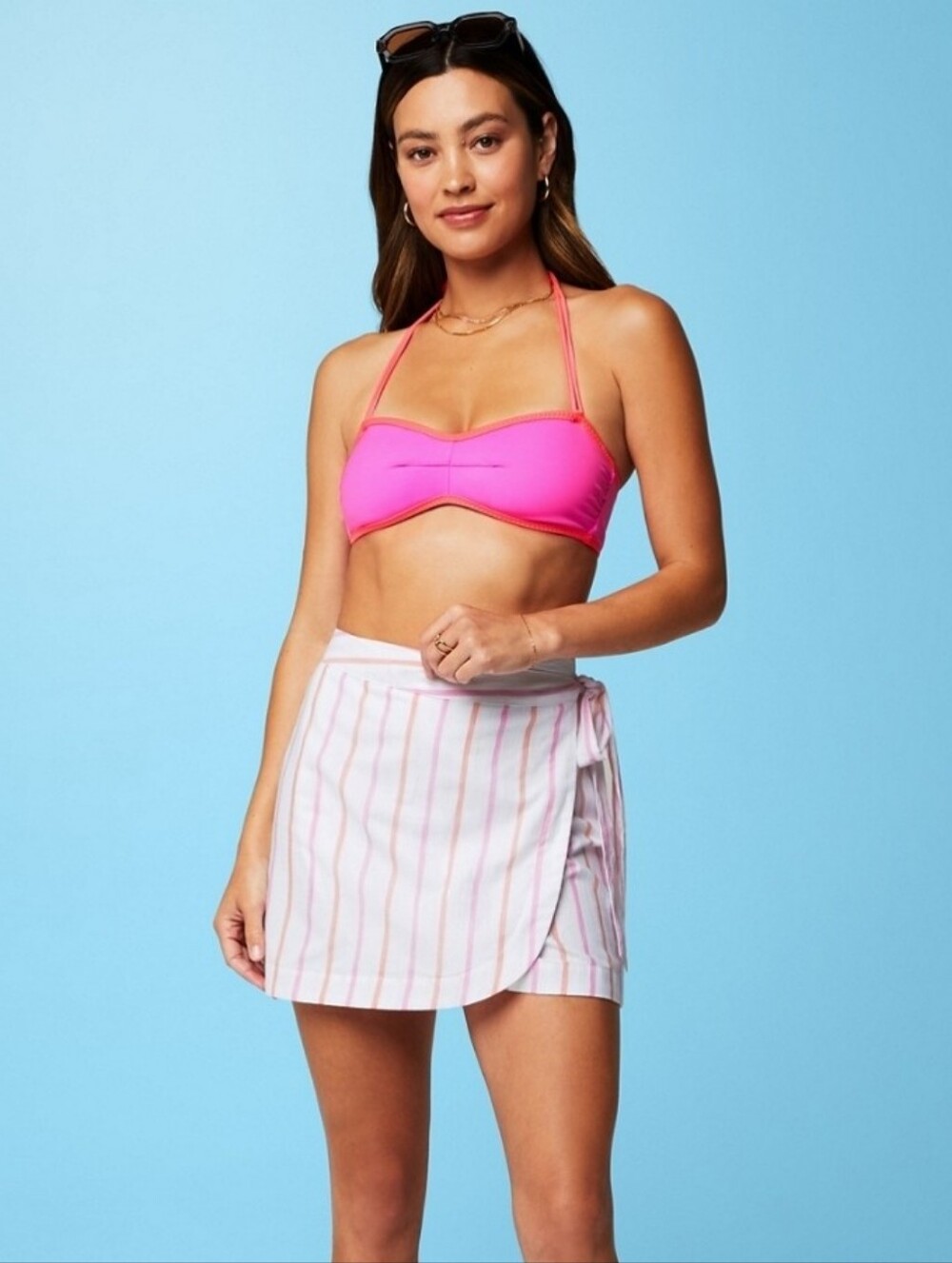 Fabletics NEW Cotton Voile Wrap Skirt Candy Stripe White Orange And Pink Small